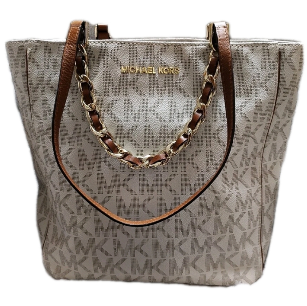 Michael Kors Harper North South Signature Large Vanilla & Brown Logo Tote Bag